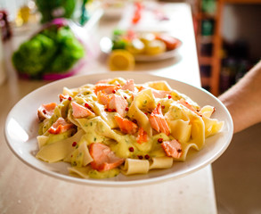 Pasta with salmon and sauce
