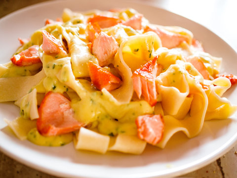Pasta with salmon and sauce