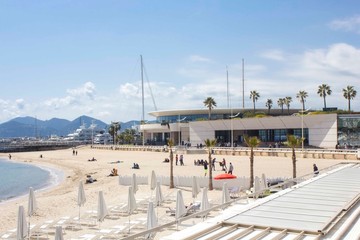 CANNES, FRANCE - APRIL24 2017: Beach facing the Palais du festival in Cannes, France