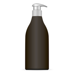 Black Plastic cosmetic bottle with silwer cap isolated on white background. Package with pump dispenser for cream, liquid soup, foam, shampoo. Vector 