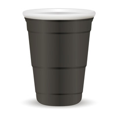 Black party cup realistic 3d vector illustration. Disposable plastic or paper container mockup for drinks and fun games isolated on white background.