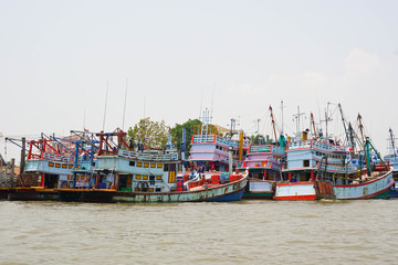 Samut Songkhram (Maeklong) Thailand. Feb 5,2018 - The colorful fishing boat are on the ocean.