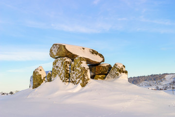 Passage grave in a winter landscape view