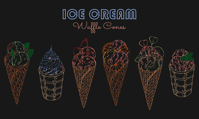 Vector illustrations on the sweets theme; set of different kinds of ice cream in waffle cones decorated with berries, chocolate or nuts. Realistic isolated objects for your design. Neon effect.