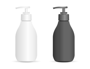 Black and White Plastic pump bottles set isolated on background. Package with pump dispenser for cream, liquid soup, foam, shampoo. Vector illustration.