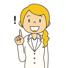 二頭身　外国人　白いスーツの女性　人差し指をさす　ひらめく