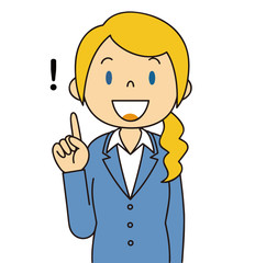 二頭身　外国人　紺色のスーツの女性　人差し指をさす　ひらめく