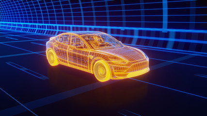 Yellow wireframe Modern Electric car rides through Blue tunnel 3d rendering