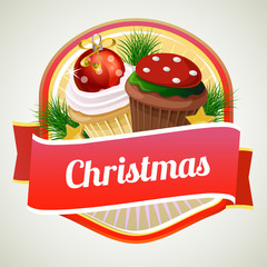 colorful christmas badge with dessert muffin
