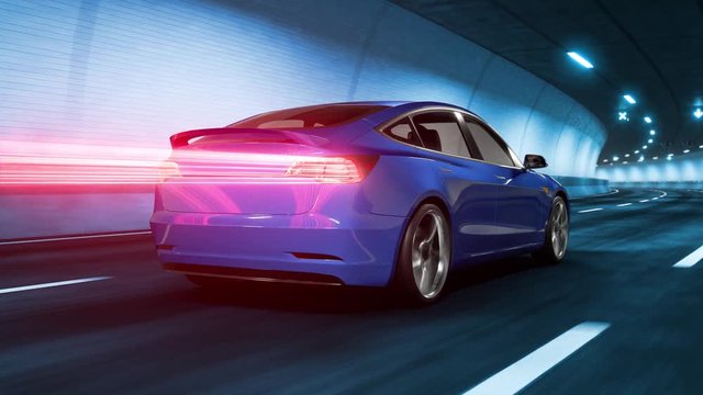 Modern Electric car rides through tunnel with cold blue light style 3D RENDERING