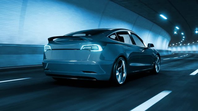 Modern Electric car rides through tunnel with cold blue light style