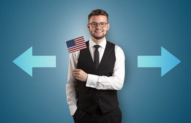 Handsome young boy choosing target country with arrows on the background
