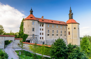 Fototapeta na wymiar Skofja Loka Castle and museum - a historic medieval castle in Slovenia, a popular tourist attraction, Skofja Loka, Gorenjska, Slovenia.