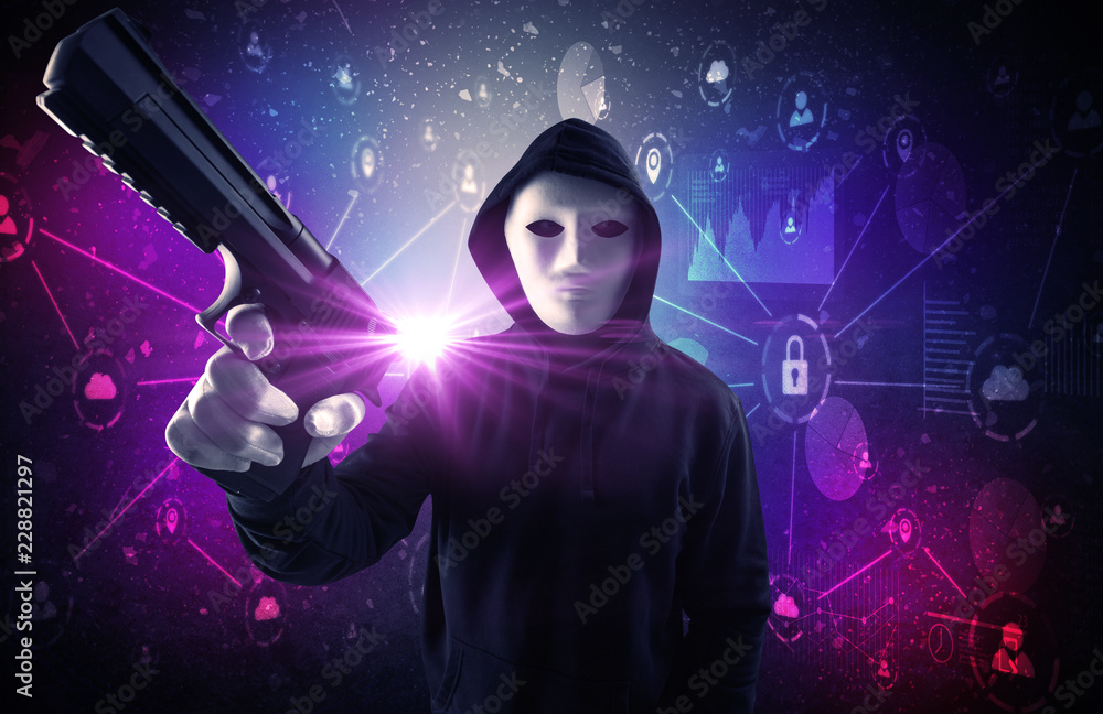 Poster armed burglar in dark secured database network cloud and report concept