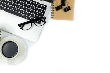 Top view of Office desk with workspace in office with blank notebook and other office supplies,with copy space.