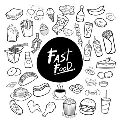 Fast food hand drawn doodles background vector