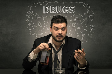 Loser drunk man with drinking, drug, hangover, alcoholic drugs concept
