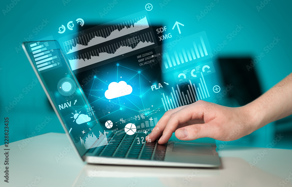 Poster hand using laptop with cloud technology and linked information concept