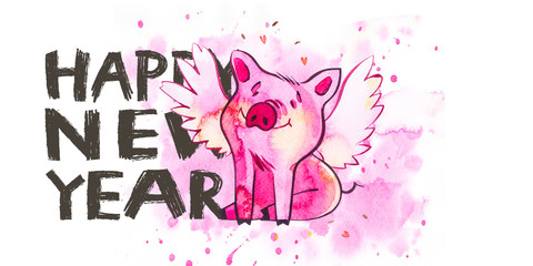 Cute pig with creative 2019 New Year lettering. Symbol of the year in the Chinese calendar. Watercolor illustration for postcard horizontal format.