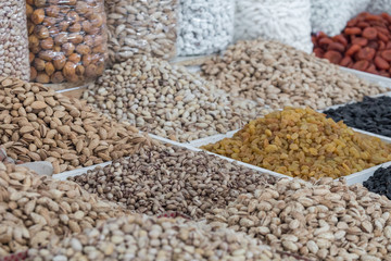 Dried fruits and nuts on local food market in Tashkent, Uzbekistan