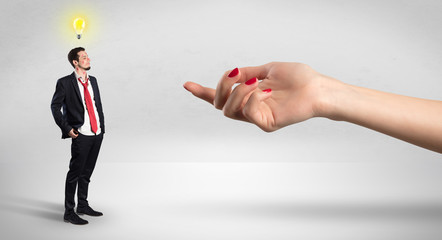 Foolish blind businessman in love going after big naked hand
