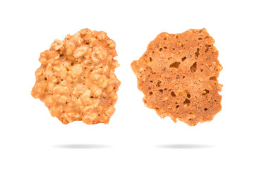 Front and rear crispy butter cookies on isolated background with clipping path. Sweet biscuit for coffee or tea.