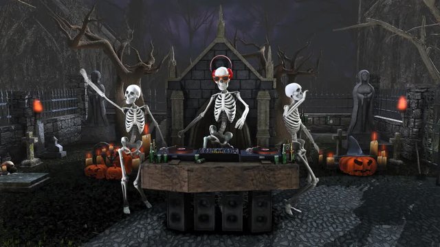 Seamless animation of a DJ skeleton and skeletons dancers in a cemetery at night. Funny halloween background.