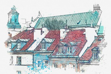 Fototapety  Szkic akwarelowy lub ilustracja tradycyjnej ulicy z apartamentowcami w Warszawie.