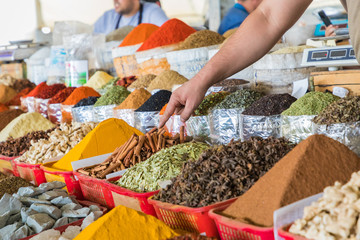 Traditional bazaar with spices in Tashkent, Uzbekistan.