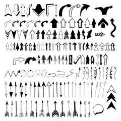 Hand drawn vector arrows set. Collection of arrows and pointers on white background.