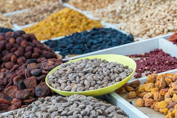Dried fruits and nuts on local food market in Tashkent, Uzbekistan
