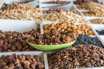 Dried fruits and nuts on local food market in Tashkent, Uzbekistan