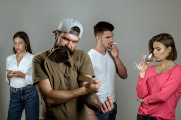 Hard drugs and alcohol addict. Addictive group including alcohol cigarettes and drugs.