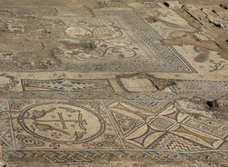 Roman Mosaics Ruins at Ancient Byzantine Church in Holy land