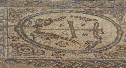 Fototapeta na wymiar Roman Mosaics Ruins at Ancient Byzantine Church in Holy land