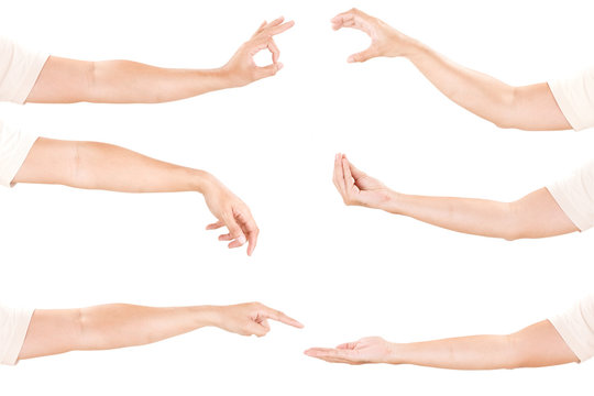 Multiple male hand gestures isolated over the white background, set of multiple images