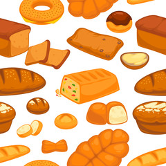 Bakery products buns and bread seamless pattern vector.