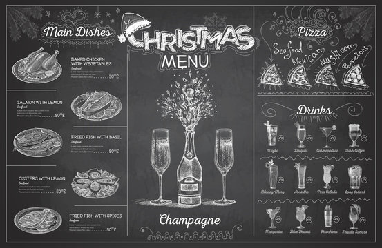 Vintage chalk drawing christmas menu design with champange. Restaurant menu