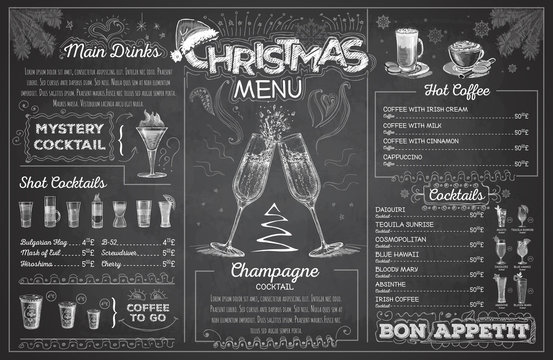 Vintage chalk drawing christmas menu design with champagne. Restaurant menu