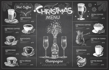 Vintage chalk drawing christmas menu design with champagne. Restaurant menu