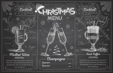 Vintage chalk drawing christmas menu design with champagne. Restaurant menu