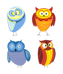 Owls cartoon kid funny characters with feather ornament.