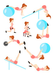 Young beautiful girl goes in for sports shakes the press a back lifts dumbbells and does exercise on a ball.
