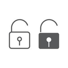 Unlock line and glyph icon, security and padlock, lock sign, vector graphics, a linear pattern on a white background.