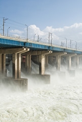 Reset of water at hydroelectric power station on the river