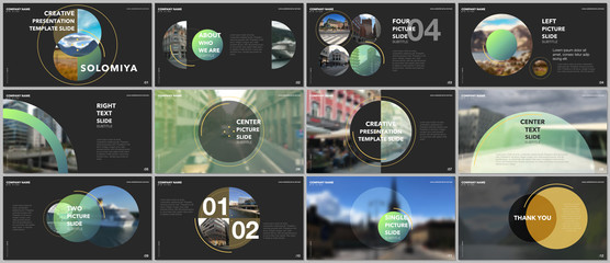 Minimal presentations design, portfolio vector templates with circle elements on black background. Multipurpose template for presentation slide, flyer leaflet, brochure cover, report, advertising.