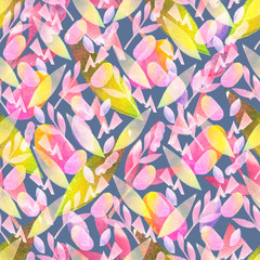 Watercolor seamless pattern with hand painted forms and figures in pink purple and yellow colors. Cutout paper trendy background  for fabric textile, wallpaper or gift wrap. Abstract collage