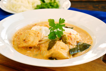 Rice noodles with fish and coconut curry sauce.(Thai name is Kanom Jeen Nam Ya Pla).
Traditional Thai rice noodles menu.