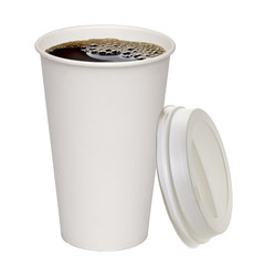 Coffee in opened blank paper take away cup isolated on white background including clipping path