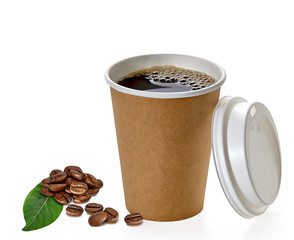 Blank take away coffee cup with beans and leaves isolated on white background